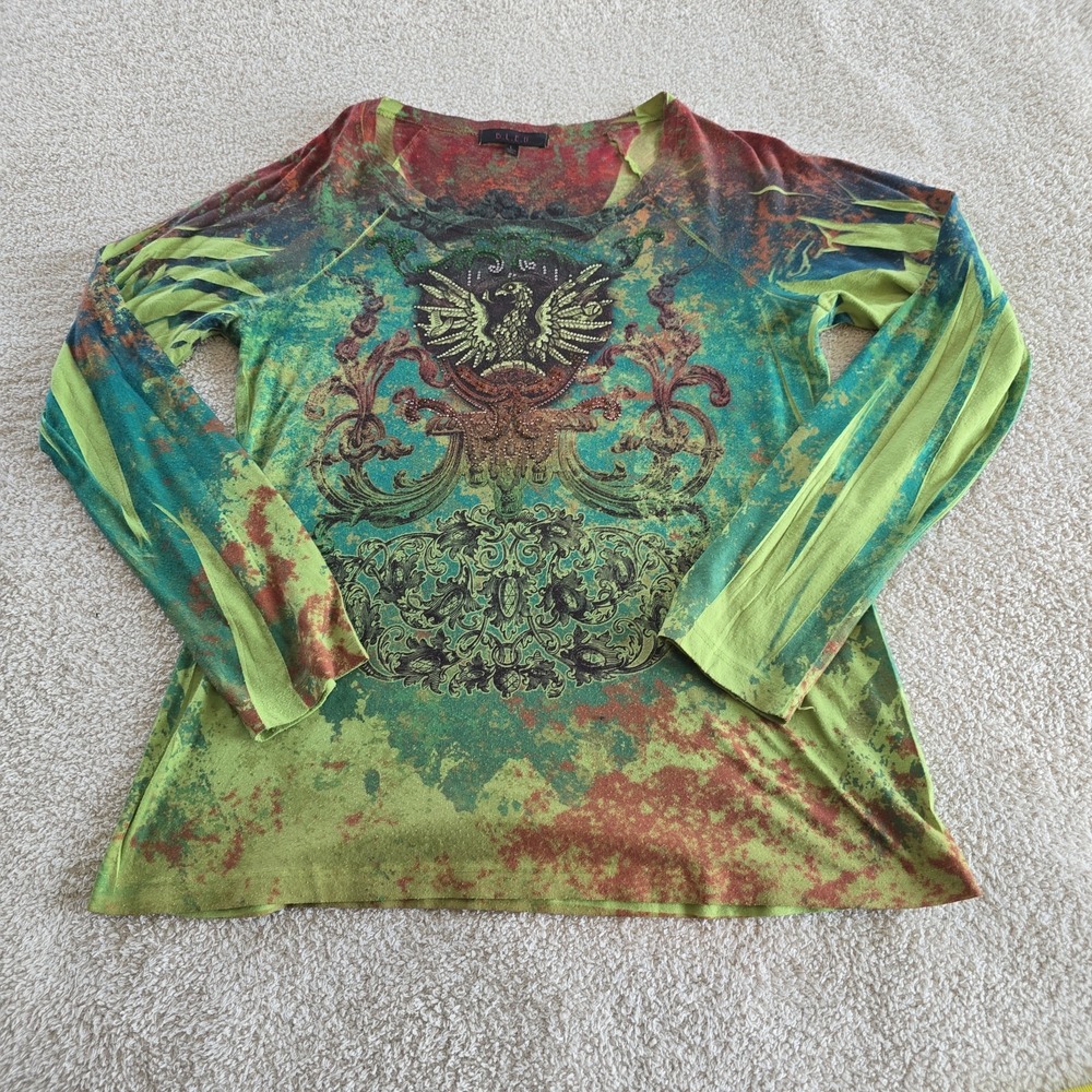 B.L.E.U. Long Sleeve Green/red Abstract Wash Rhinestone Eagle Shirt Sz L Y2K